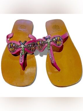 Pink Embellished Dragonfly Leather Thong Sandals - Women